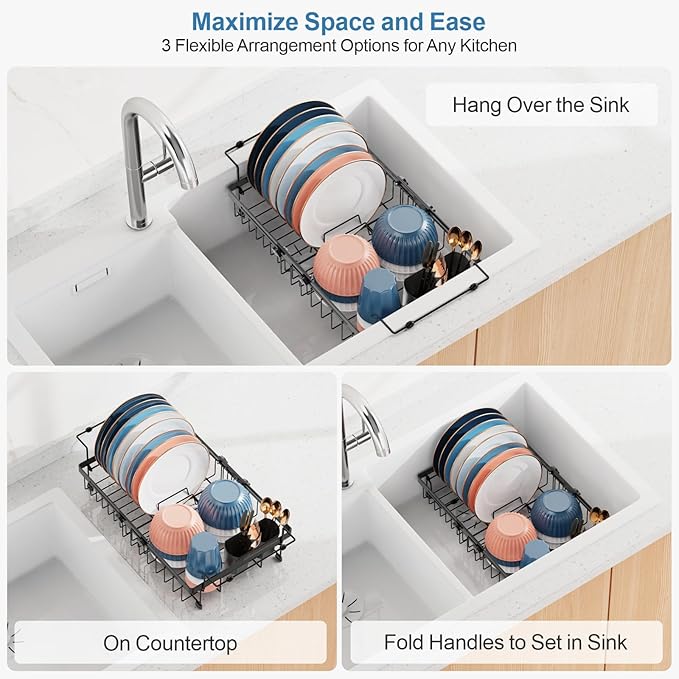 iSPECLE Expandable Dish Drying Rack for Large Sink - Adjustable Capacity Over The Sink Dish Drainer Drying Rack, 15.8"-20.7" L x 12.8" W, Black