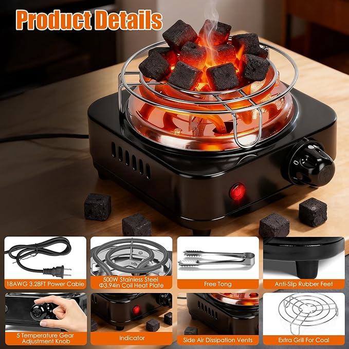 Electric Charcoal Burner Stove, 500W Hookah Single Coil Hot Plate Starter with Grill Tongs, 5-Level Temp, Smart Heat Control & Stainless Steel Fast Heating for Cooking top Countertop(Black)