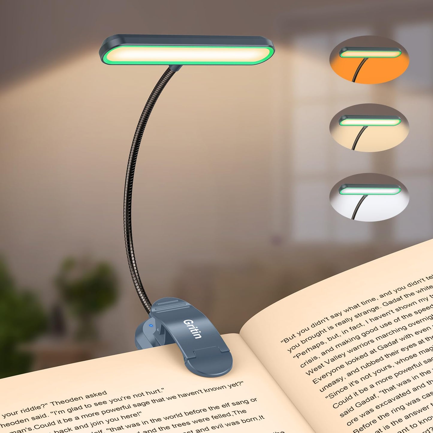 Gritin Rechargeable Book Light with 19 LED, 3 Color Temps, 5 Brightness Levels, Flexible Goose Neck, Model G1321, Aquamarine
