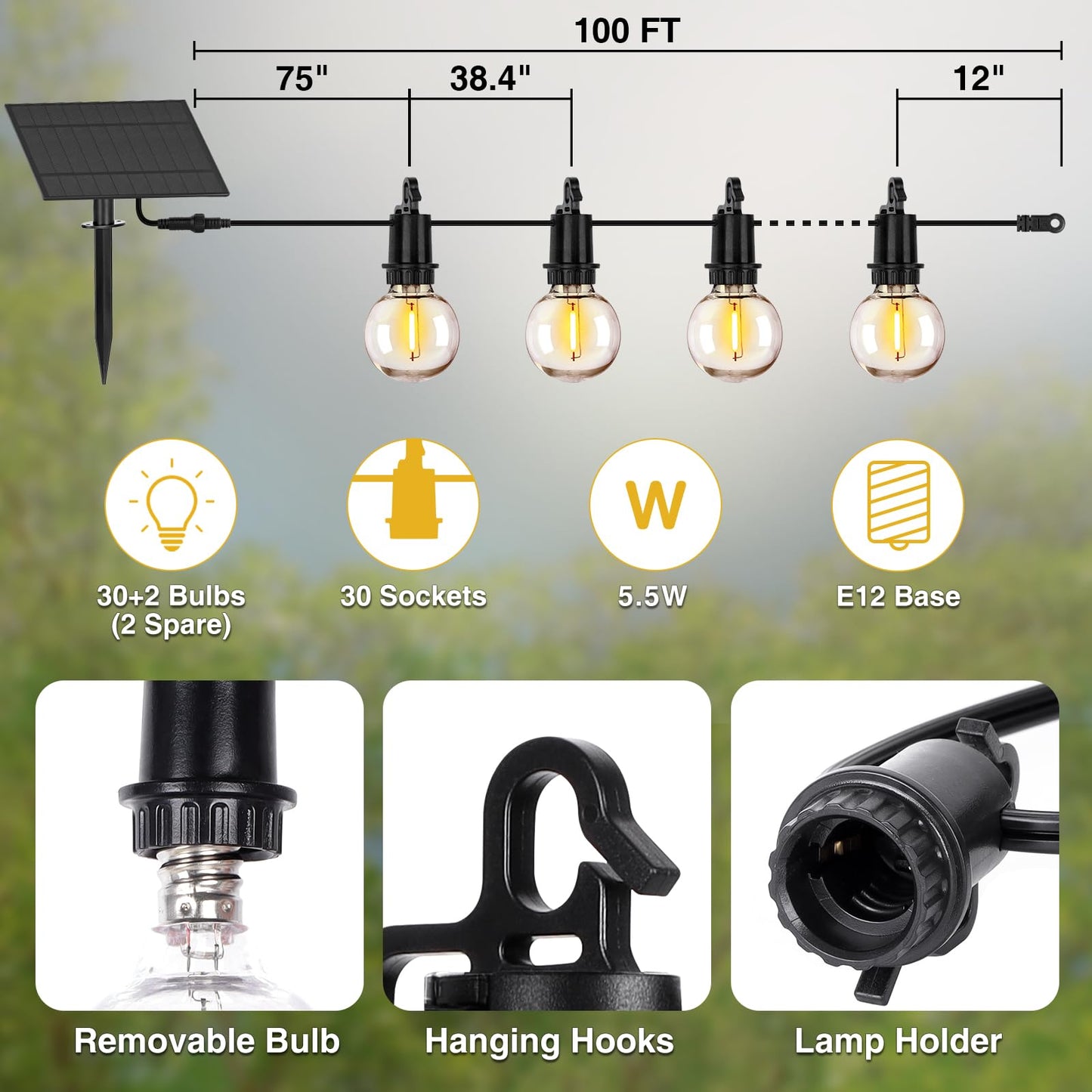 ZJOJO Solar String Lights 100FT with 30+2 Shatterproof Bulbs, Remote, USB Port, Waterproof, Black, Model ZJOJO