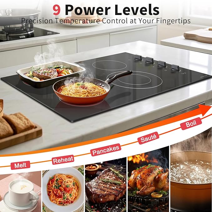 Noxton Electric Cooktop 30 Inch 4 Burners, Knob Control Ceramic Cooktop, 30" Radiant Electric Stove Top with Extended Zone, Hot Surface Indicator, 220-240v Hard Wire(No Plug)