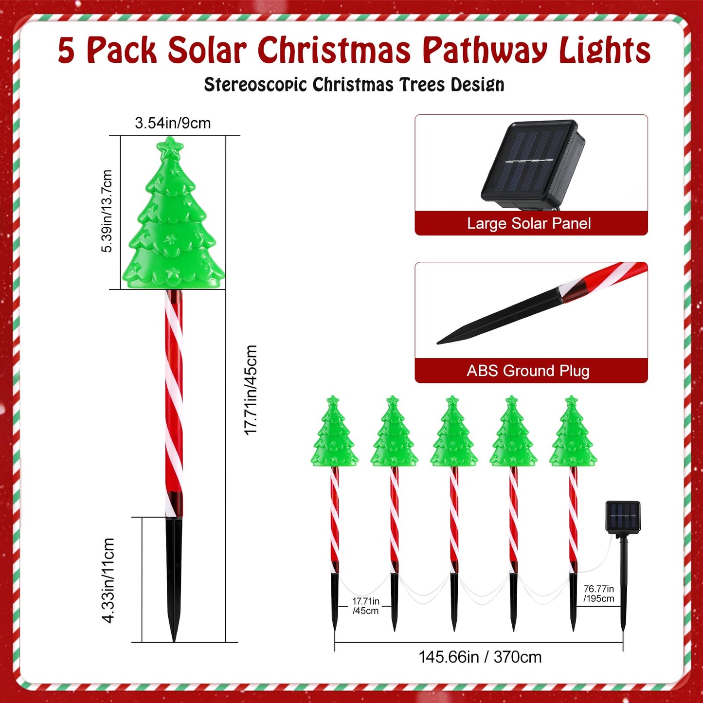 Lewondr Solar Christmas Pathway Lights, 5 Pack, Warm Light, Waterproof, Model HD250153, with Red Pole and Garden Stake
