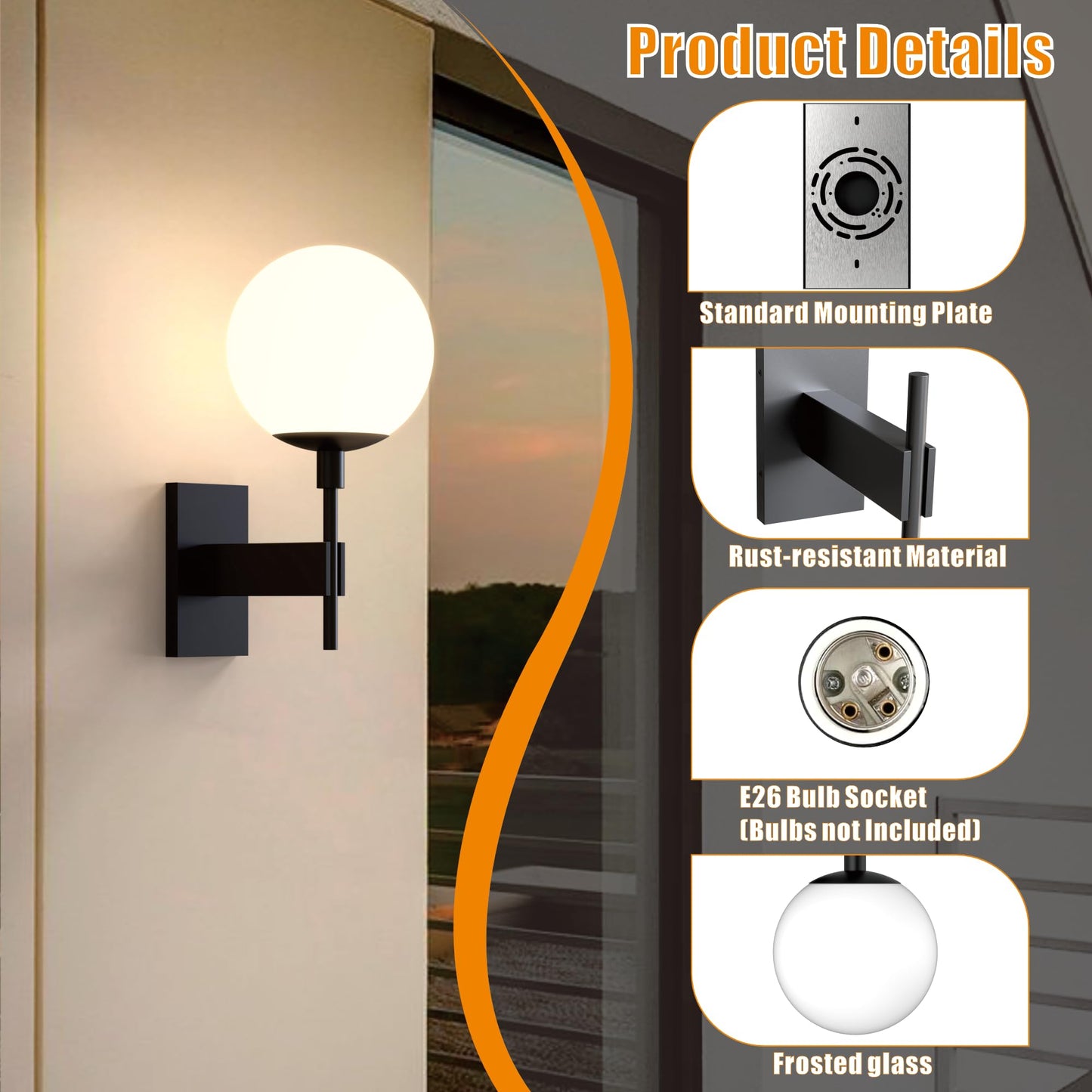 Hyunbae Outdoor Wall Sconce - 18.9 Waterproof Exterior Light Fixture, Large White Globe Glass For Porch, Model Hy-Round1