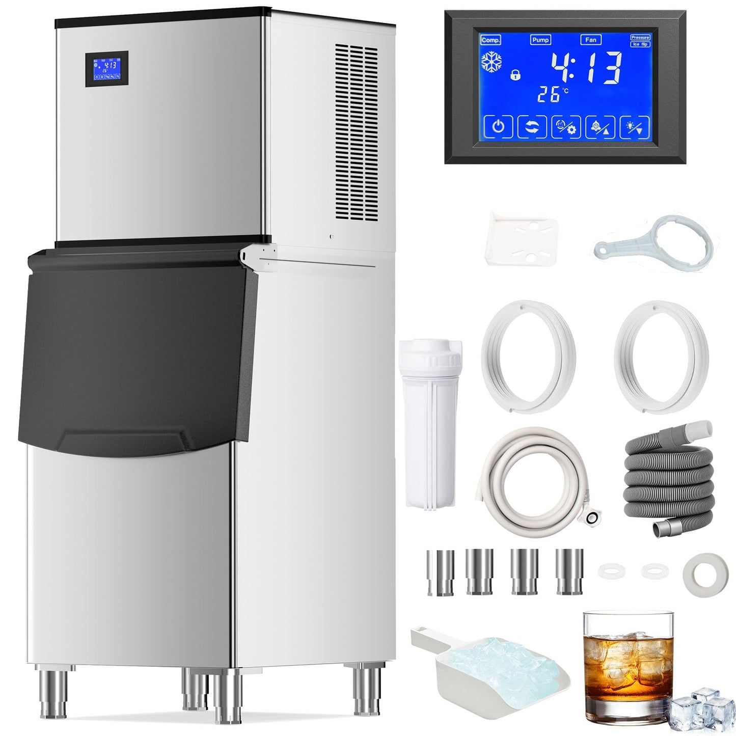 Commercial Ice Maker Machine 600 Lbs/24H with 400LBS Large Storage Bin Ice Ready in Air Cooled Clear Cube Ice for Bar Business Cafe (600 Lbs/24H)