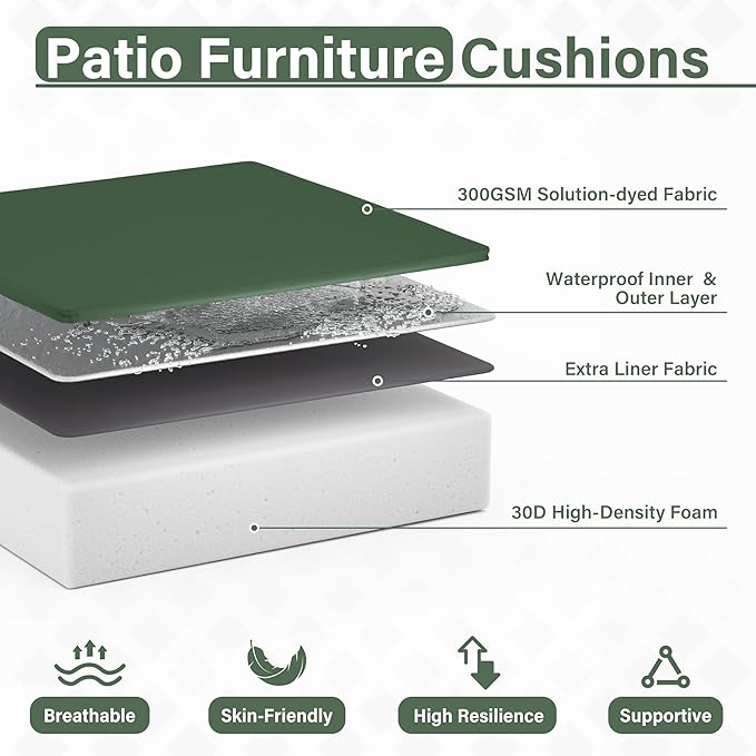 Patio Chair Cushions 18.5 X 16 X 4 Inch Waterproof Outdoor Seat Cushions for Patio Furniture, Outdoor Sofa Couch Pads with Ties & Handle, Set of 2, Green