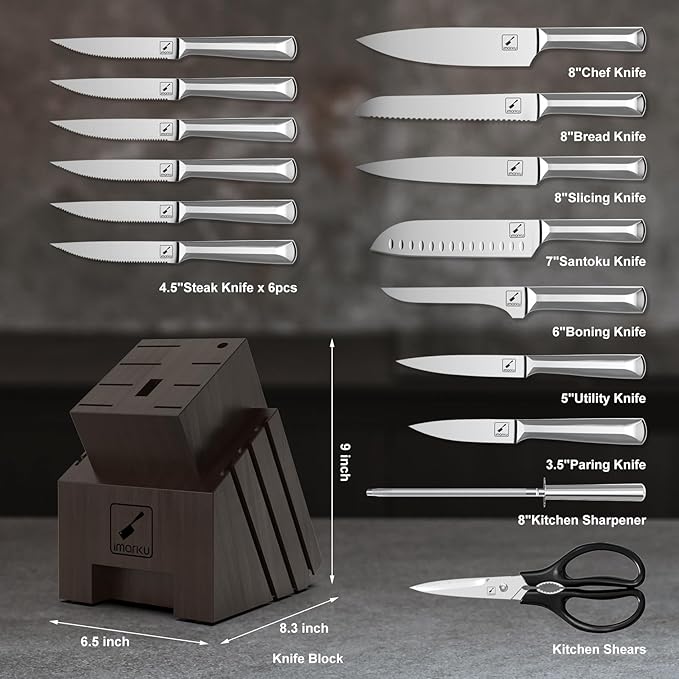 imarku Knife Set, 16 PCS High Carbon Japanese Stainless Steel Knife Sets for Kitchen with Block, Ultra Sharp Kitchen Knife Set with Sharpener Chef Knife Sets, Dishwasher Safe, Best Gifts