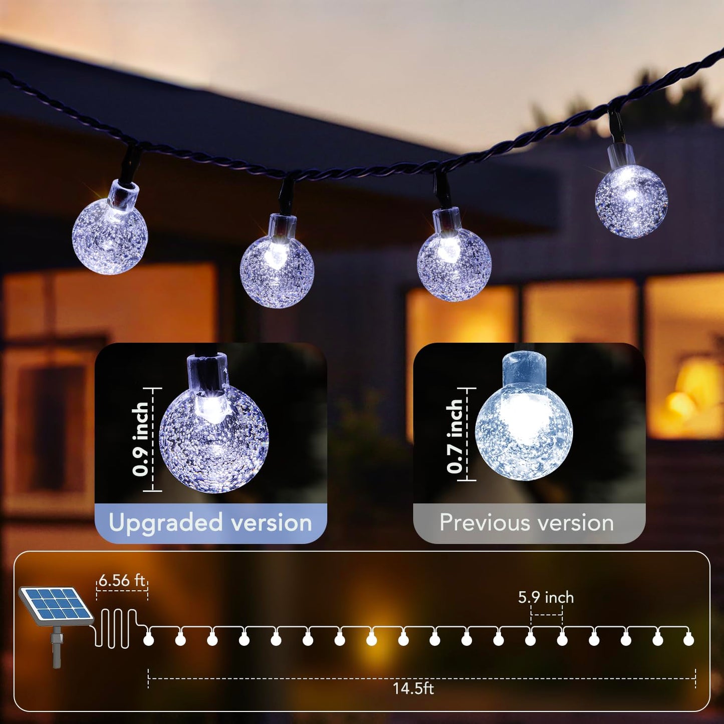 Metaku Solar String Lights, 20FT 30 LED Crystal Globe, Cool White, 8 Lighting Modes, Outdoor Patio Hanging Lights