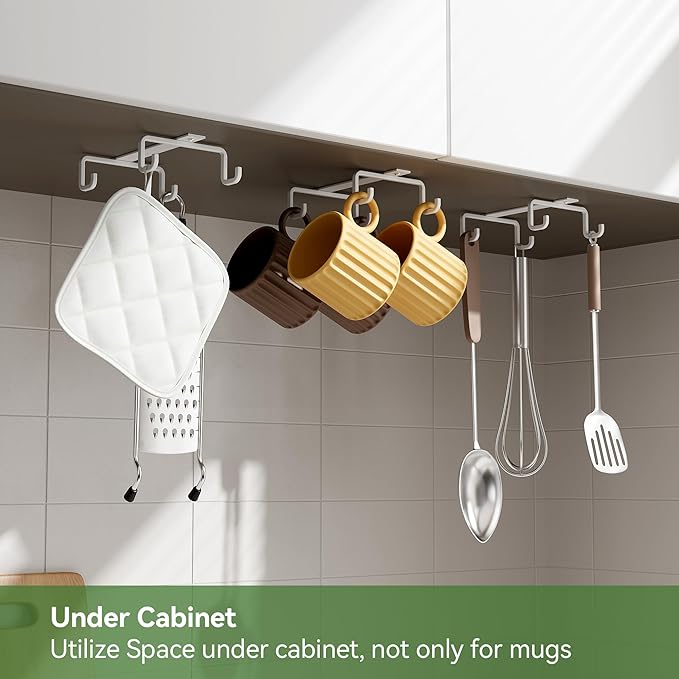 ECROCY Mug Hooks Under Cabinet Space-Saving, Easy Screw Mounting, Metal Coffee Cup Hooks 3 Pack(White)
