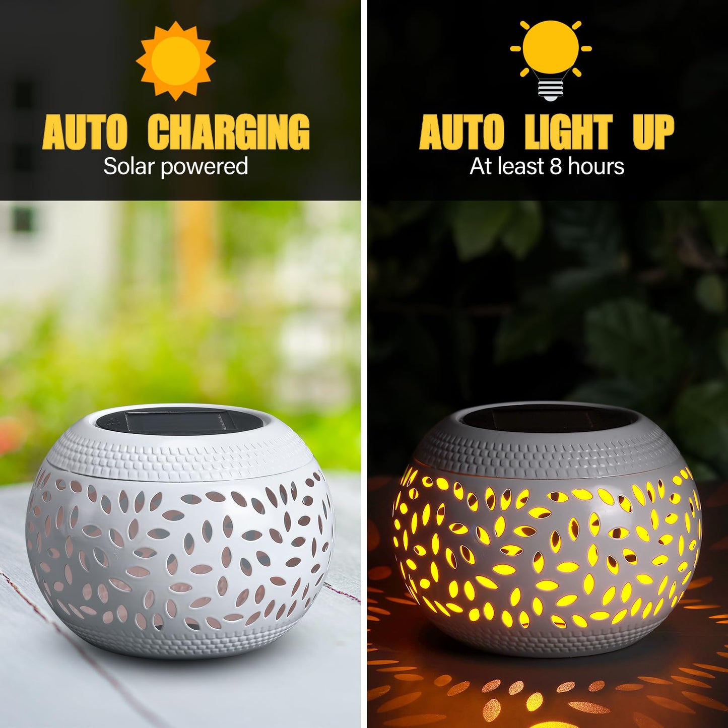 Reginary Solar Table Lantern - Outdoor Waterproof LED Light, Flickering Flame, Metal, White, Model EO-Reginary-2081