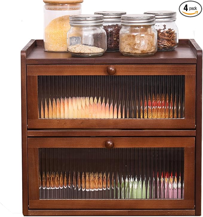 Double Layer Large Bread Box for Kitchen Counter, Wooden Bread Storage Container with Acrylic Window (brown)