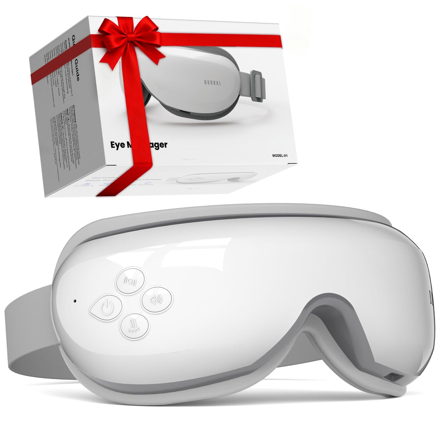 Burrki Eye Massager with Heat, Christmas Birthday Gifts for Mom Dad Her Him, Heated Eye Massager for Migraines with Compression and Bluetooth, Reduce Eyes Strain, Dark Circles and Improve Sleep