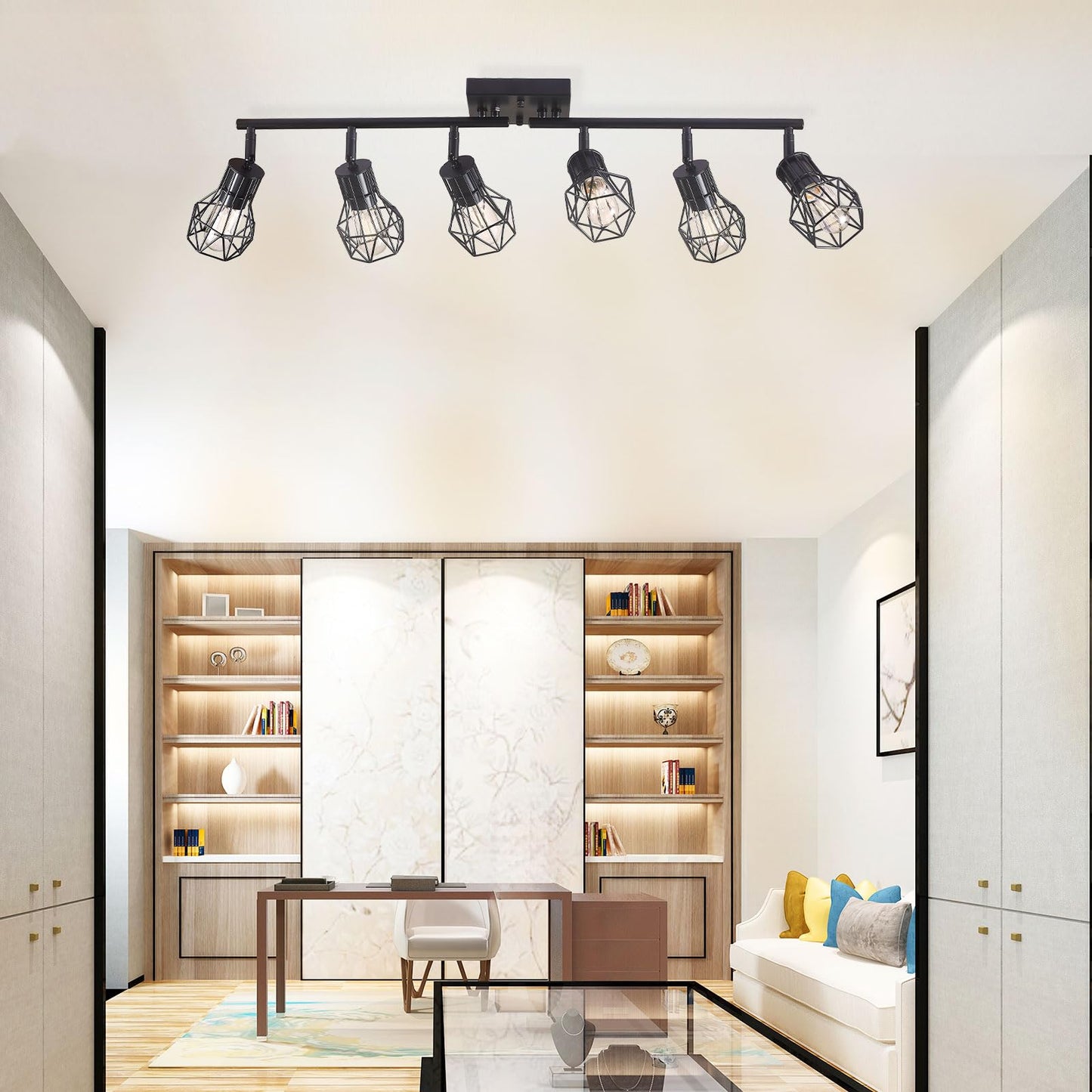 Banganma Black Track Lighting Fixtures Ceiling 6-Light Farmhouse Track Lighting With Metal Cage Design - Kitchen Lights Ceiling Mount For Kitchen  Living Room  Dining Room (E26 Base)