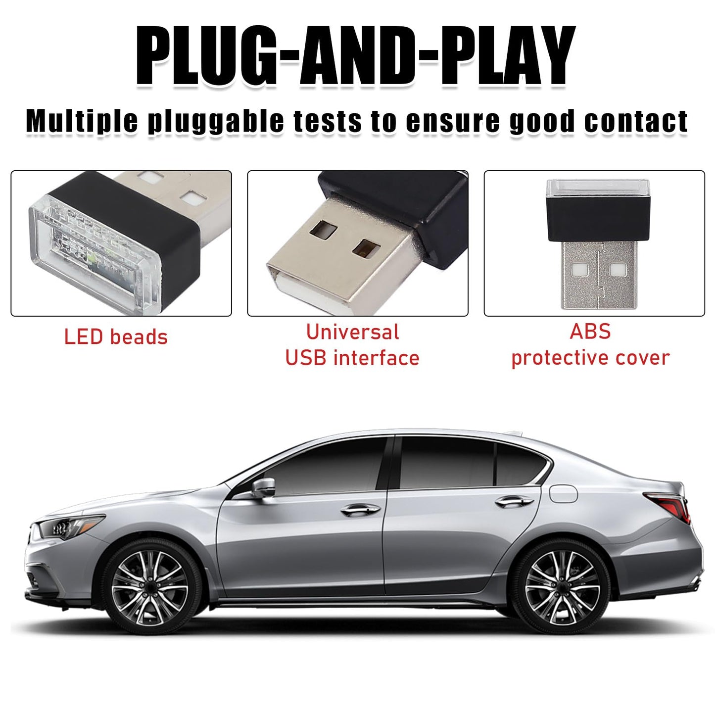 Sylvil 4 Pcs Usb Led Car Interior Atmosphere Lamp  Portable Mini Led Night Light  Plug-In Usb Interface Trunk Ambient Lighting Kit  Universal Interior Car Accessories (White)