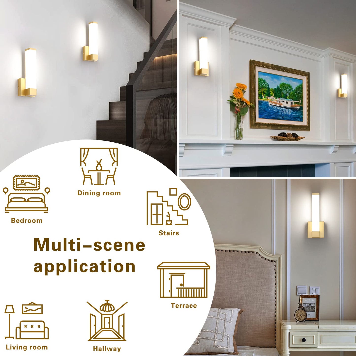 7Degobii Gold Wall Lights For Bedroom Modern Indoor Led Hallway Sconces Corner Light 12 Inch Height 12W 4000K Bedside Stair Sconces Wall Lighting Lamps 110V Ac