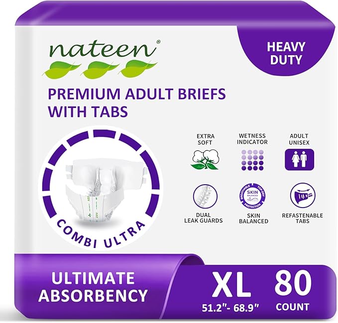 Nateen Combi Ultra Adult Diapers with Tabs for Women and Men, Ultimate Absorbency Protective Incontinence Briefs, Heavy Duty, Leakproof and Skin-Friendly Incontinence Underwear.Extra-Large, 80Count