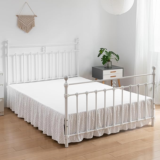 Boho Tufted Bed Skirt,Ruffled Bed Skirt with Split Corners Jacquard Embroidery, Full Bed Skirt 14 Inch Drop, Full Size Bed Skirt White for Ruffled Bed Skirt with Split Corners, Bed Skirt Full Size