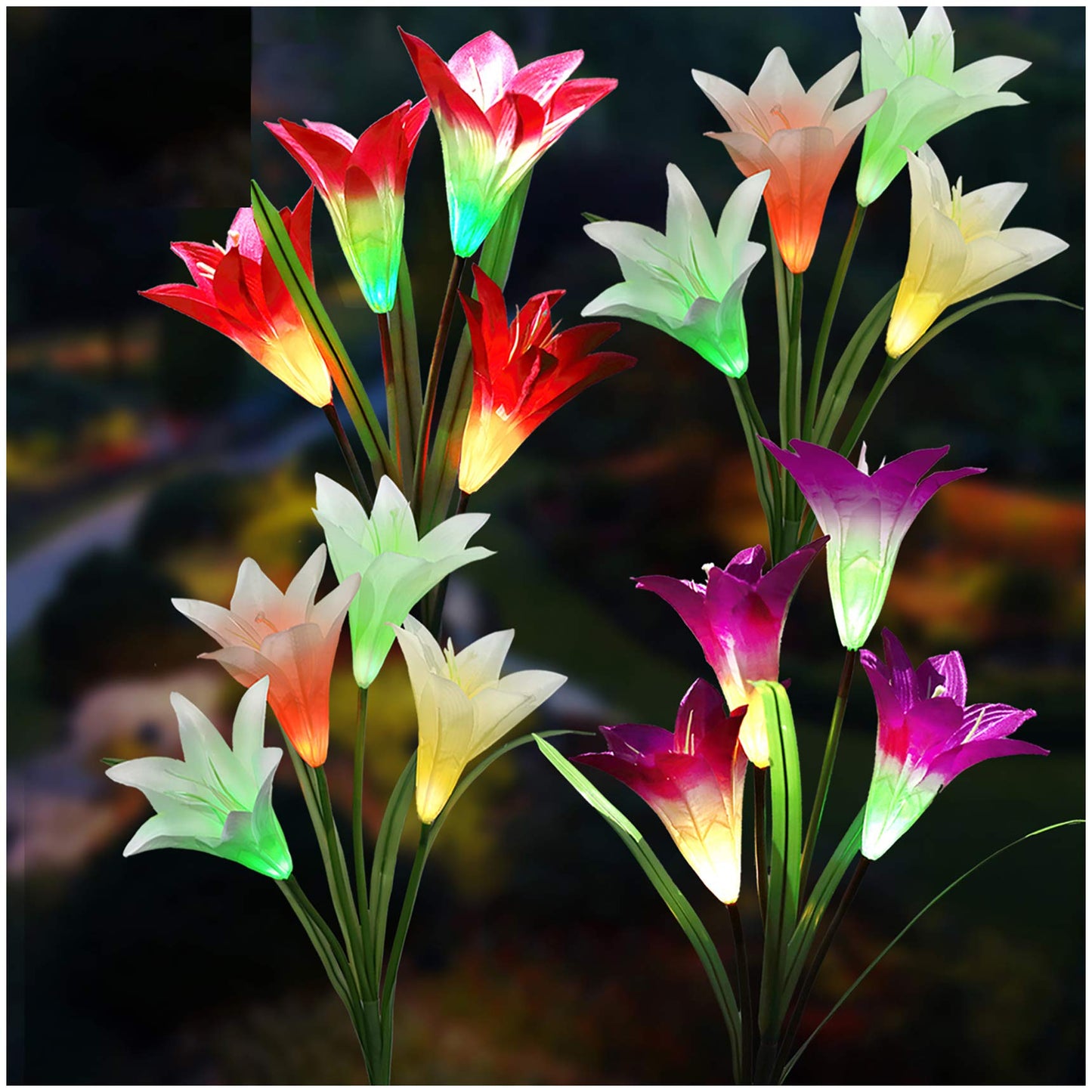 Tonulax Solar Garden Lights - Upgraded Multi-Color Lily Lights, 4 Pack With Bigger Flower & Wider Solar Panel, Red & Purple & White