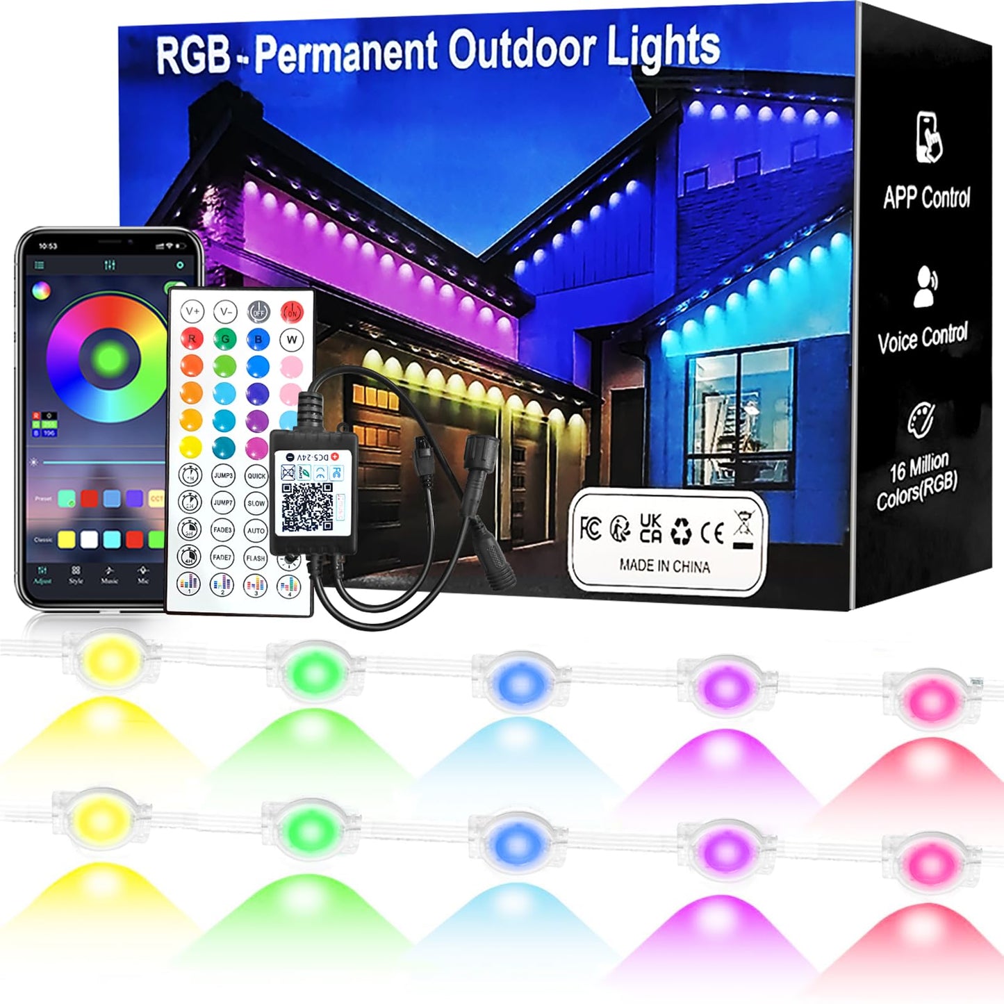 Logriw RGB Outdoor LED Lights, 50FT, IP67 Waterproof, Smart App/Remote Control, Multicolor, Model RFKJ0015