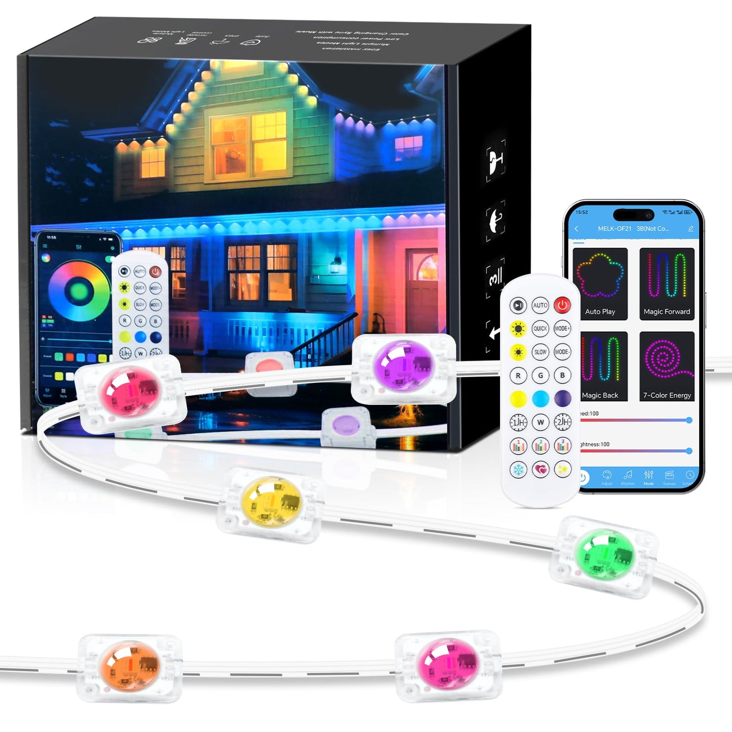 KISUFU 100FT RGB+IC Smart Outdoor Lights, IP68 Waterproof, ABS, LED725-US, White