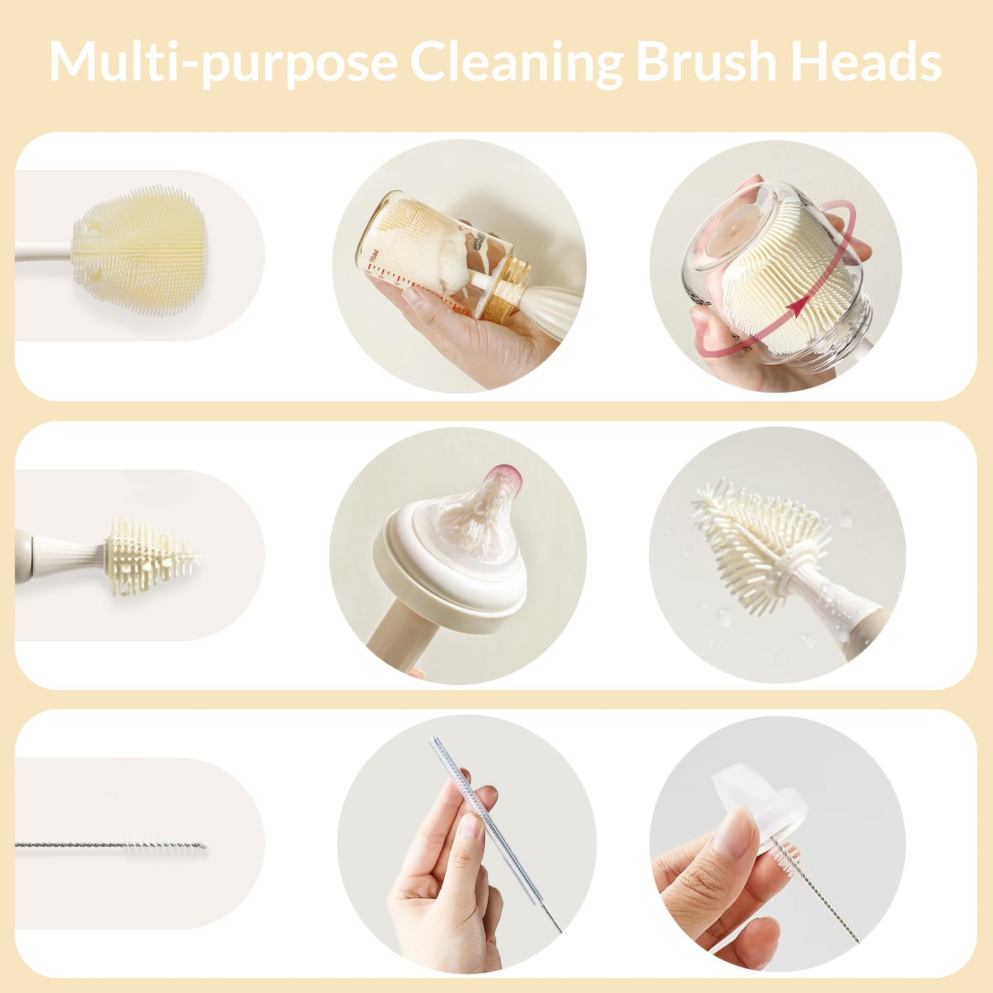 biqin Baby Bottle Brush Kit with Push-Press Bubble and Drying Rack for Bottle Cleaning, Bendable Bottle Cleaner Brush for Baby Bottles, Breast Pumps, Nipples, Straws and More. Perfect for Home&Travel