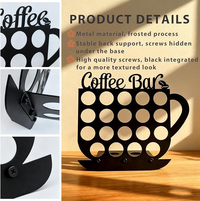 Metal K Cups Coffee Pod Holder, 19 Pods Holder Display,Coffee Bar Organizer for Home ,Kitchen,Office or Workspace, Black frosted Capsule Storage | Stylish Lettering Decor (Coffee Bar)