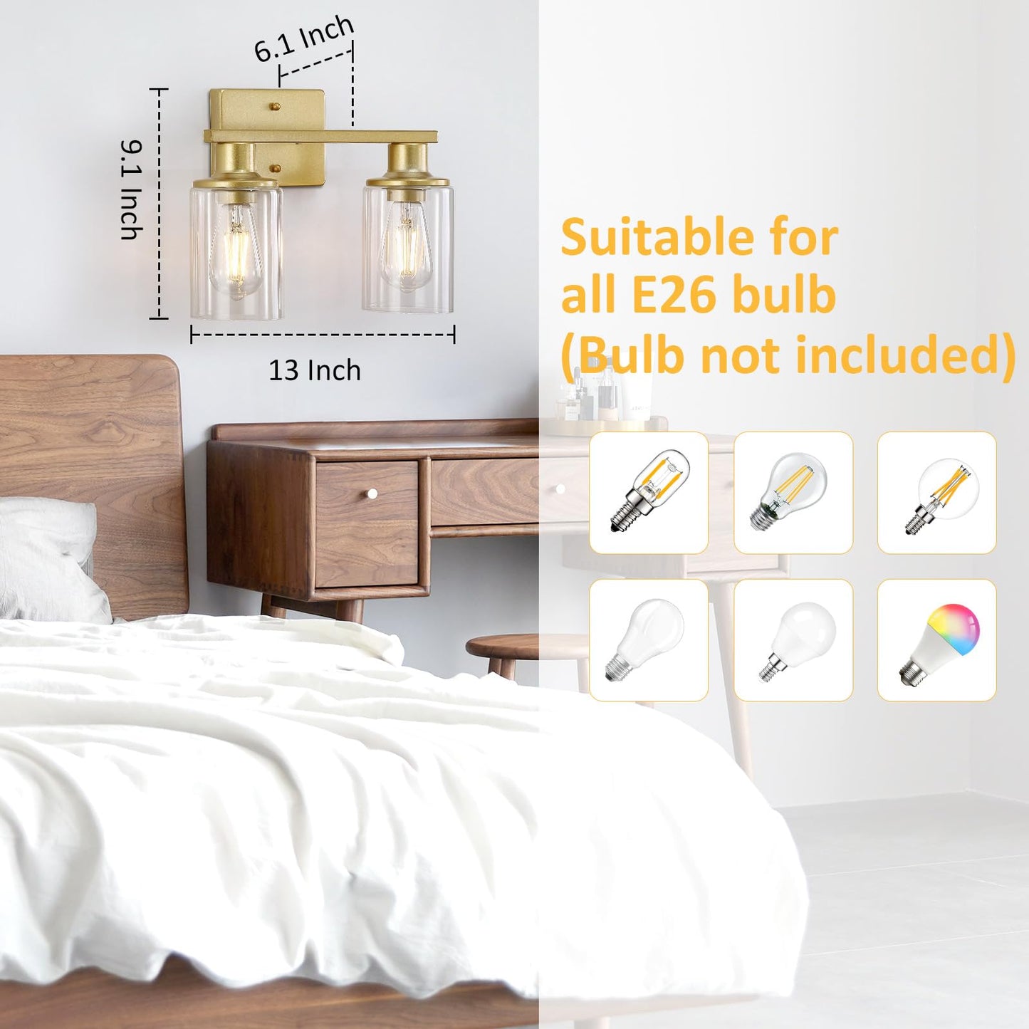Litaddscen 2-Light Gold Bathroom Vanity Light Bathroom Light Fixtures Over Mirror With Clear Glass Shade Modern Wall Sconces Lighting For Kitchen Living Room Cabinet Hallway