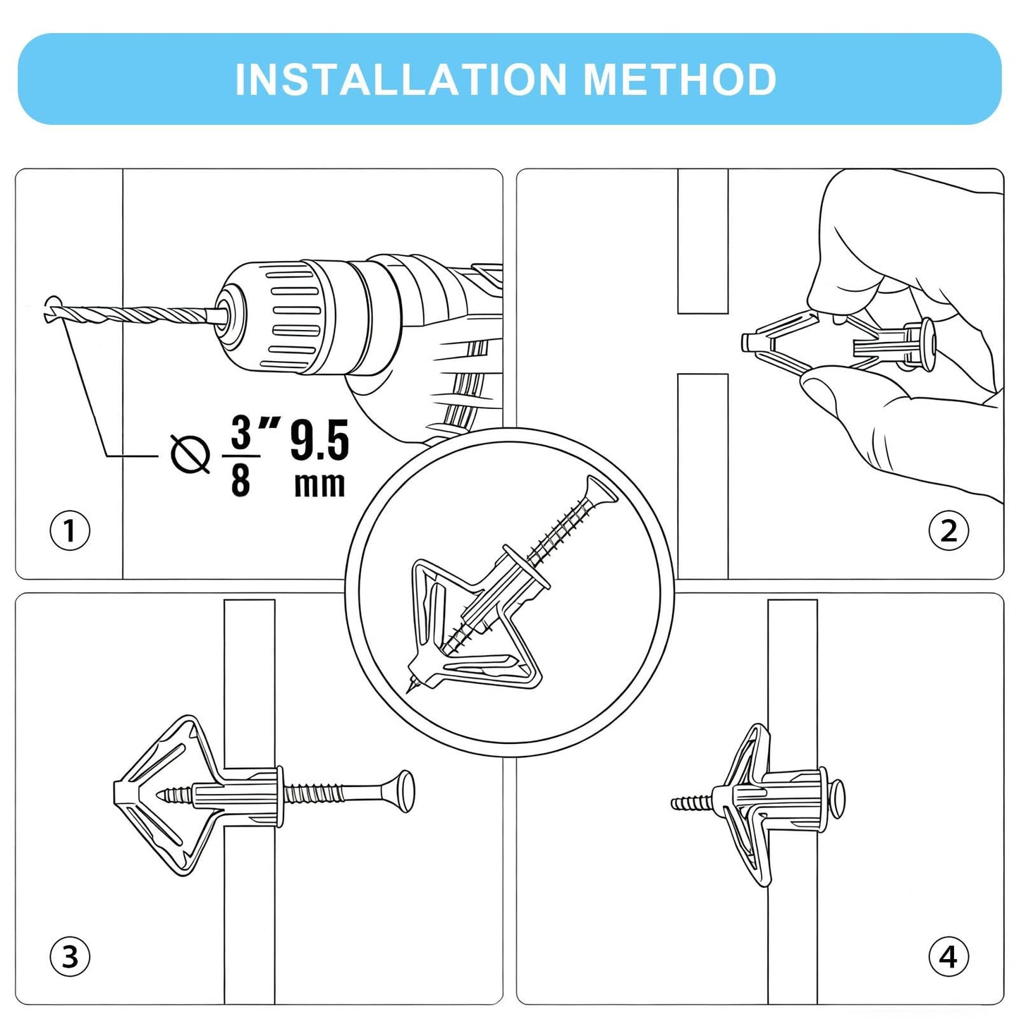 Hollow-Wall Anchors, One Size, 65Lbs Anchors 50pcs+Screw 50pcs Drywall Anchor kit with Screws, Self-Drilling Hollow Wall Anchors, Grey
