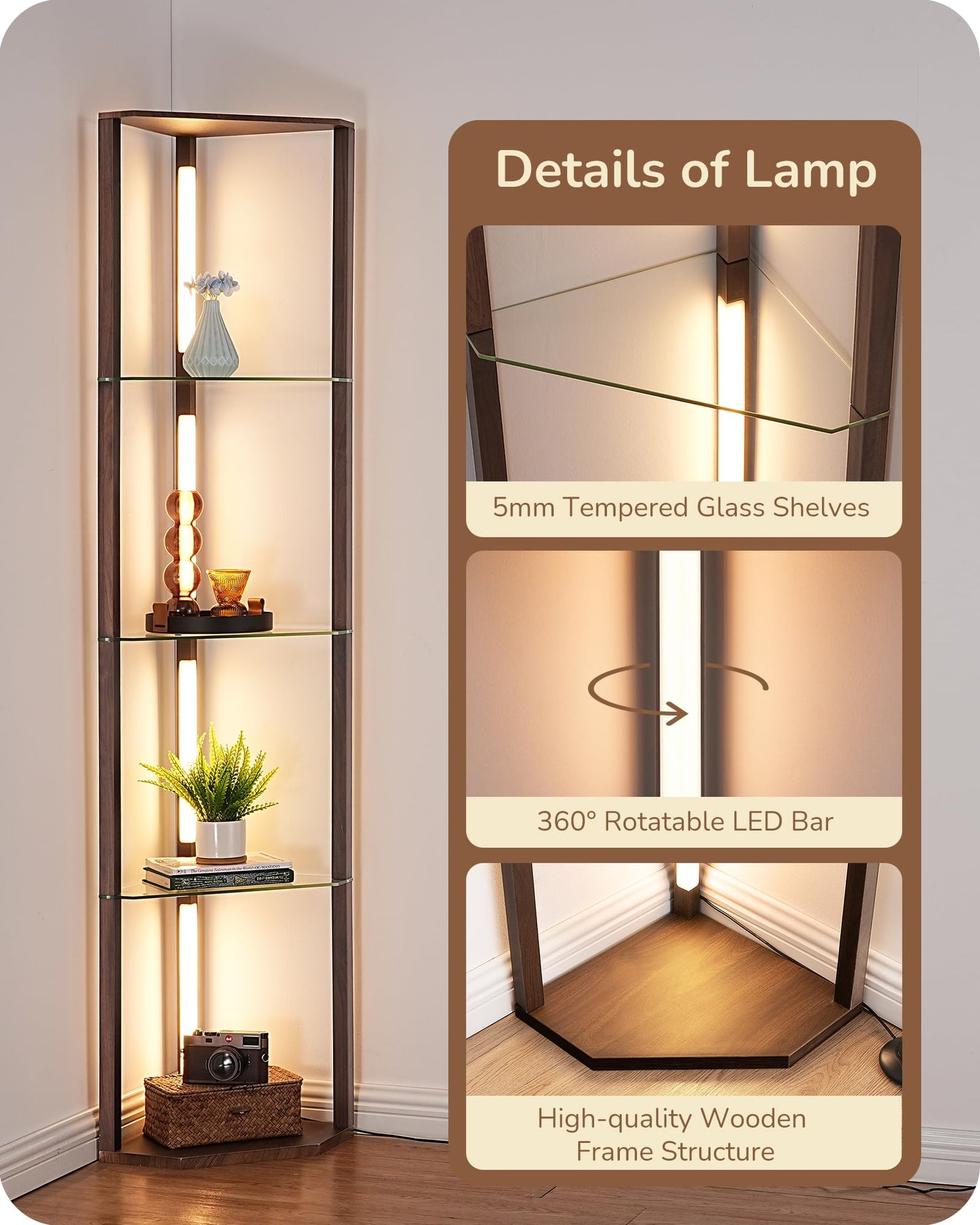 EDISHINE Floor Lamp with 5-Tier Glass Shelves, Dimmable, Remote/Foot Control, 63.7 inches, Walnut Color, Model HLFL06M