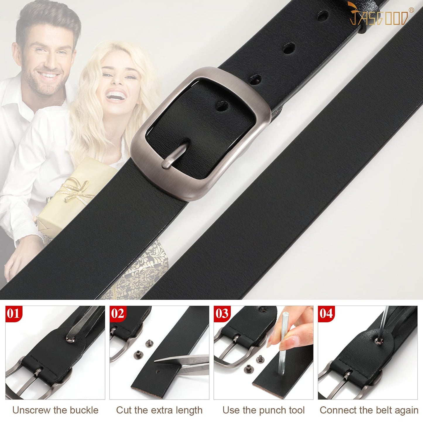 JASGOOD Plus Size Women Leather Belt Black Casual Waist Belt for Jeans Pants with Metal Pin Buckle(Black,Fit Waist Size 48''-52'')