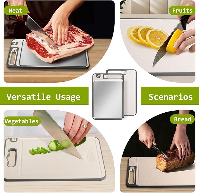 3-in-1 Stainless Steel Cutting Board for Kitchen, Double Sided, Cutting Board,Scratch-Resistant Mesh Design with Juice Groove,Easy Clean,Wheat Straw PP Large Chopping Board 15 * 11IN