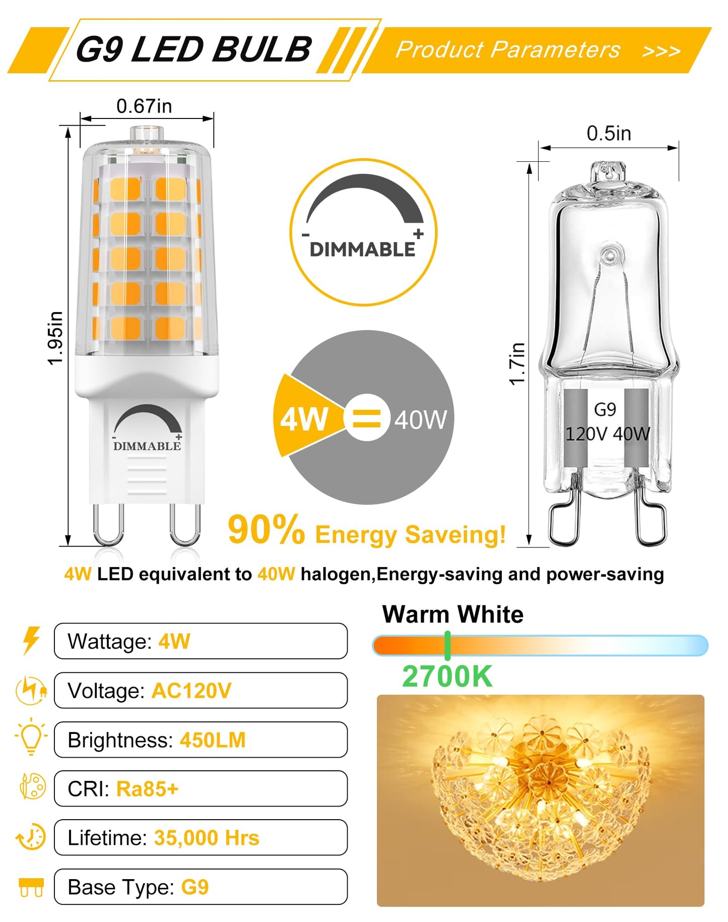 Baoming G9 Led Bulb Dimmable 4W  40 Watt T4 G9 Halogen Equivalent  2700K Soft Warm White  120V No-Flicker  Chandelier Lighting 450Lm (18 Pack)