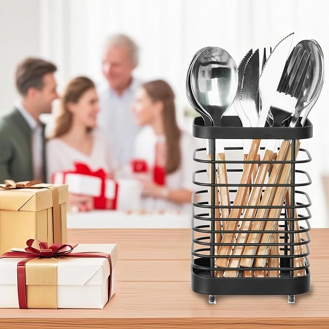 Utensil Holder, Stainless Steel Utensil Drying Rack for Kitchen Counter, Silverware Cutlery Flatware Holder Forks, Knives, Spoons, Chopsticks Organizer (Black)