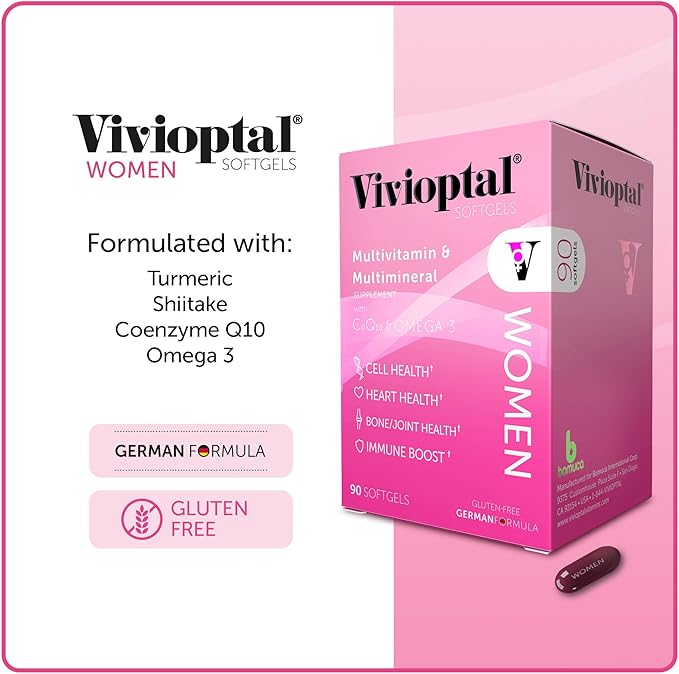 Vivioptal Women, 90 Capsules (1 Year Supply), CoQ10 & Omega-3, Multivitamin & Multimineral, Gluten Free, German Formula