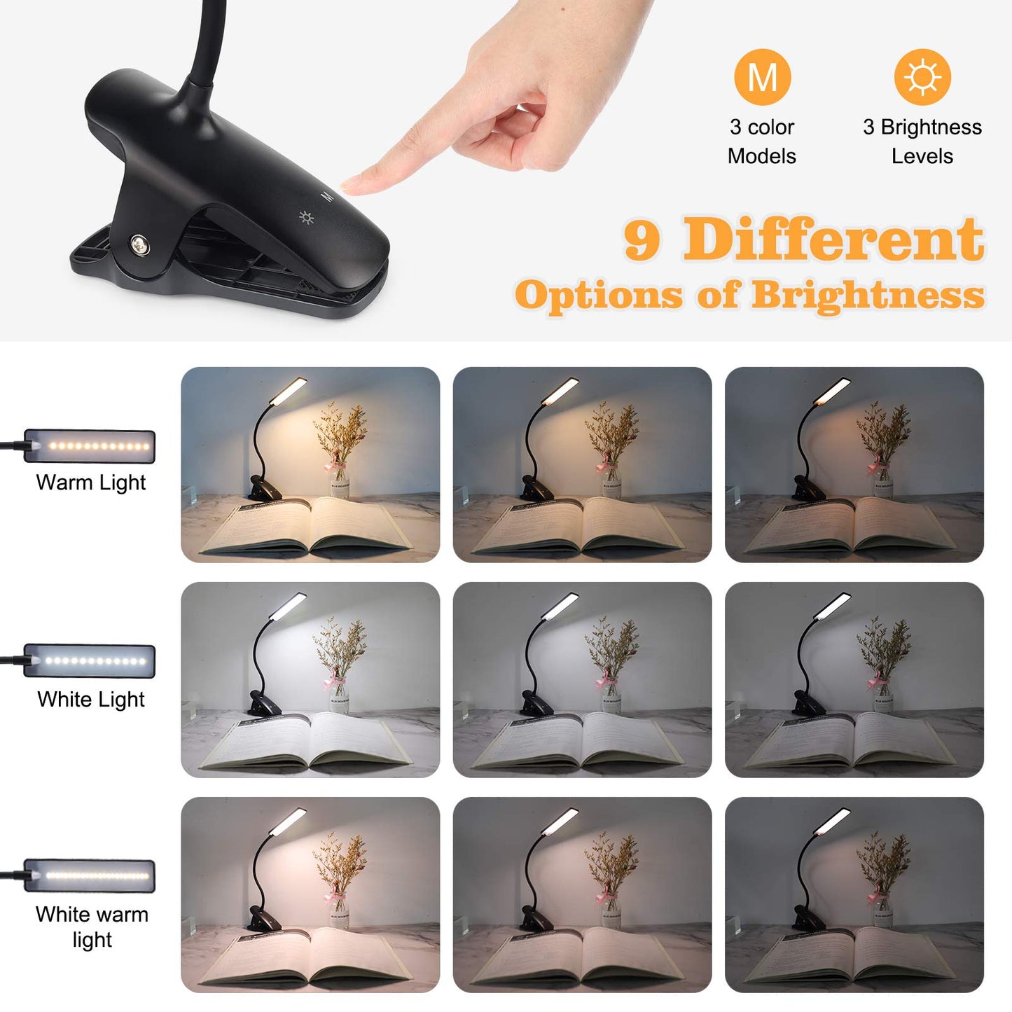 deaunbr LED Reading Light with Clip, USB Rechargeable, 24 LEDs, Flexible Neck, Black, Model WS0030-01-0