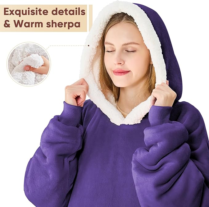 yescool Wearable Blanket Hoodie, Flannel Sherpa Fleece Blanket Sweatshirt for Adults Women Men,One Size Fits All