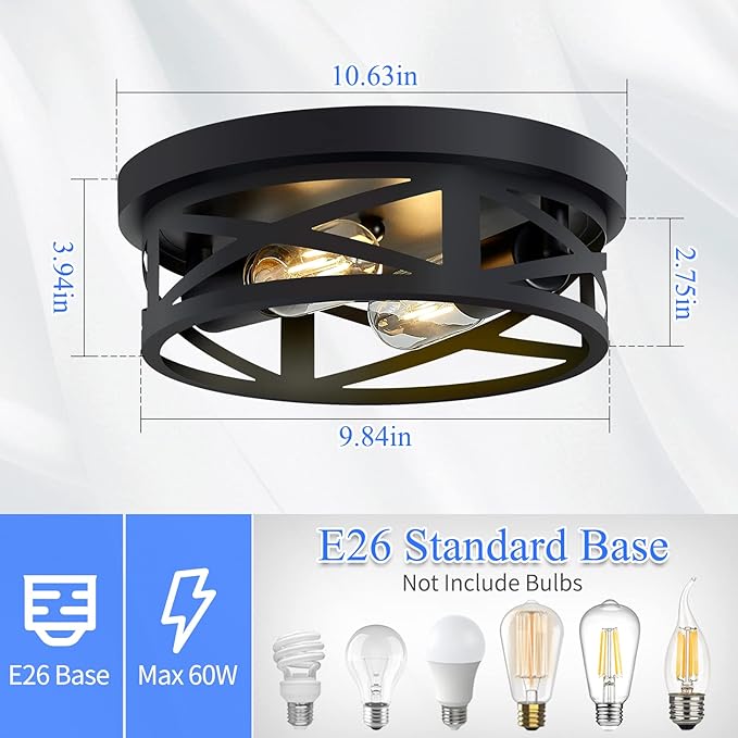 Flush Mount Ceiling Light Fixture,Black 2-Light Hallway Light Fixtures Ceiling,Light Fixtures Ceiling Mount for Farmhouse,Kitchen,Hall (2 Pack)