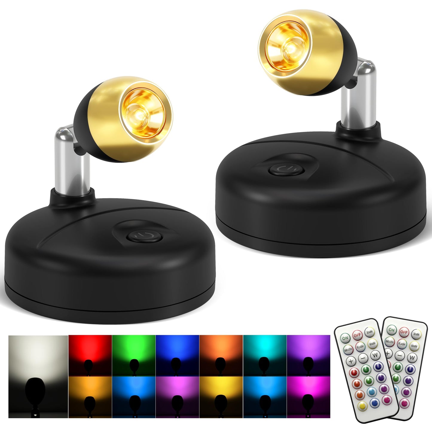 KINDEEP Mini Spotlight for Displays Indoor: LED Uplighting Wireless, RGB Spot Lights with Remote, Timer＆Dimmable, Picture Lights for Painting, Artwork, Accent Lighting, Black, 6 Pack