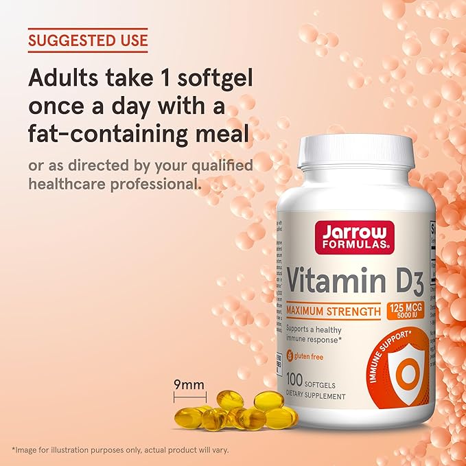 Jarrow Formulas Vitamin D3 125 mcg (5000 IU) - 100 Servs (Softgels) - Bone Health, Immune Support & Calcium Metabolism Support-Vitamin D Supp-D3 Vitamins -5000 IU Vitamin D - Gluten Free (Pack of 12)