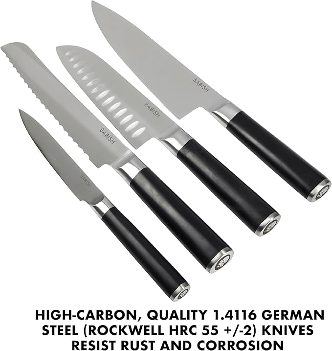 Babish 5-Piece Magnetic Forged Kitchen Knife Block Set – 1.4116 German Steel Cutlery with Magnetic Knife Holder – Professional Chef Knife Set