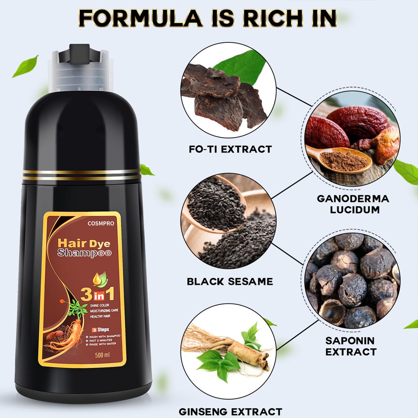 Hair Dye Shampoo Chestnut Brown Hair Color Shampoo for Gray Hair Coverage Herbal Hair Dye Shampoo 3 in 1 for Men and Women, Inst