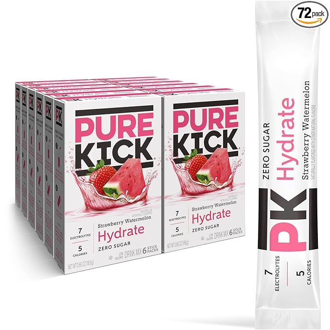 Pure Kick Hydration Singles To Go Drink Mix, Strawberry Watermelon, Includes 12 Boxes with 6 Packets in each Box, 72 Total...
