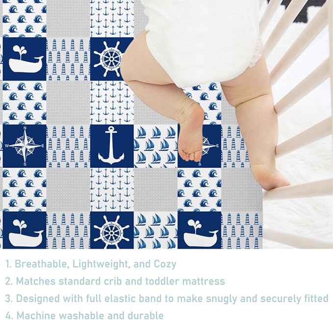 Navy Nautical Life Baby Crib Fitted Sheet 52''x28'' Sea Marine Lighthouse Compass Whale Fitted Crib Mattress Sheet for Boy Girl Nursery Bed Sheets for Standard Crib and Toddler Mattress