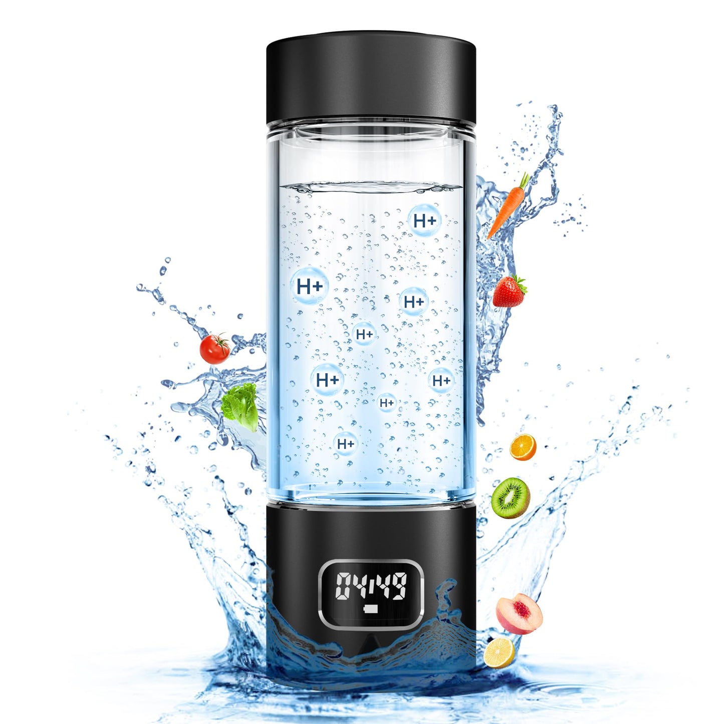 Hydrogen Water Bottle - Portable, Rechargeable, LED Timer, Aluminum and Glass, 5000 PPB Hydrogen in 10 Minutes, 340ml Capacity, for Travel, Sports, Home, Office(Black)