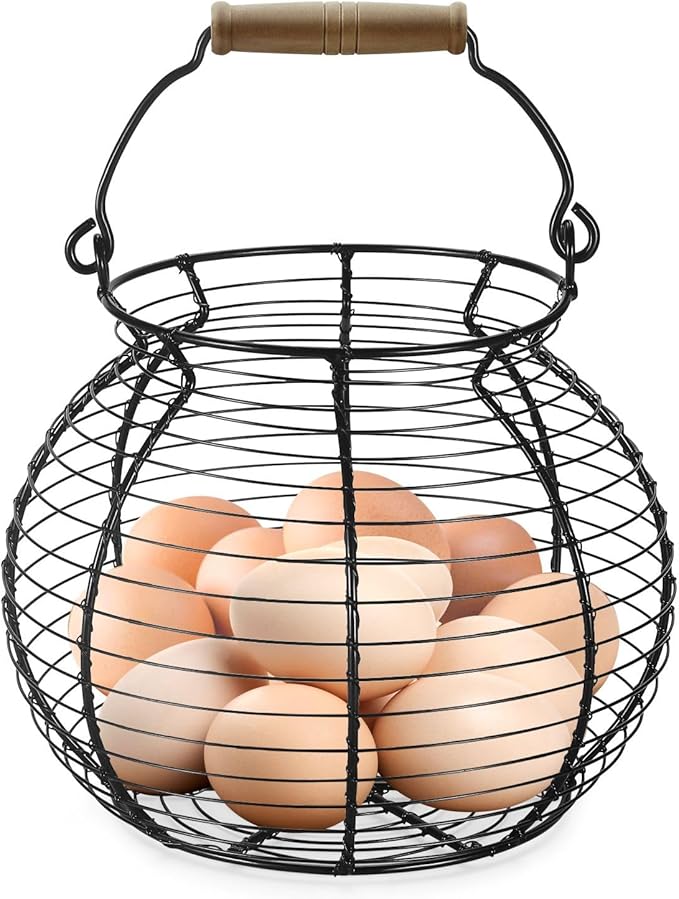 Flexzion Chicken Egg Basket Wire Egg Holder with Wooden Handles for Egg, Fruits, Vegetables Storage, Display Metal Mesh, Basket Holder Countertop for Farmhouse Rustic Kitchen Counter Organizer, Black
