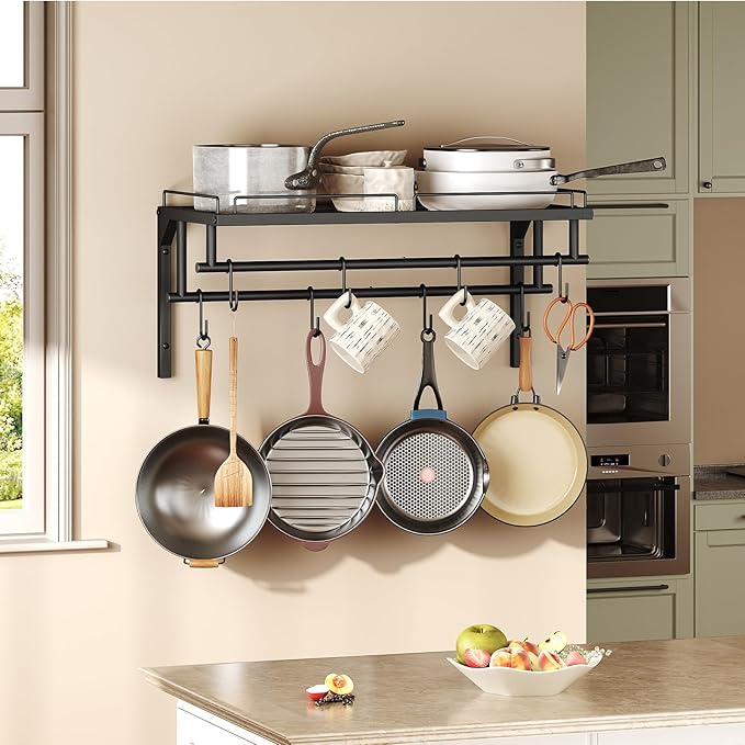 Hanging Pot Rack, Wall-Mounted Pot Rack, Kitchen Cookware Organizer, Metal Pot and pan Organizer Holder, for Cookware, Utensils Organization, Black TPR37BB