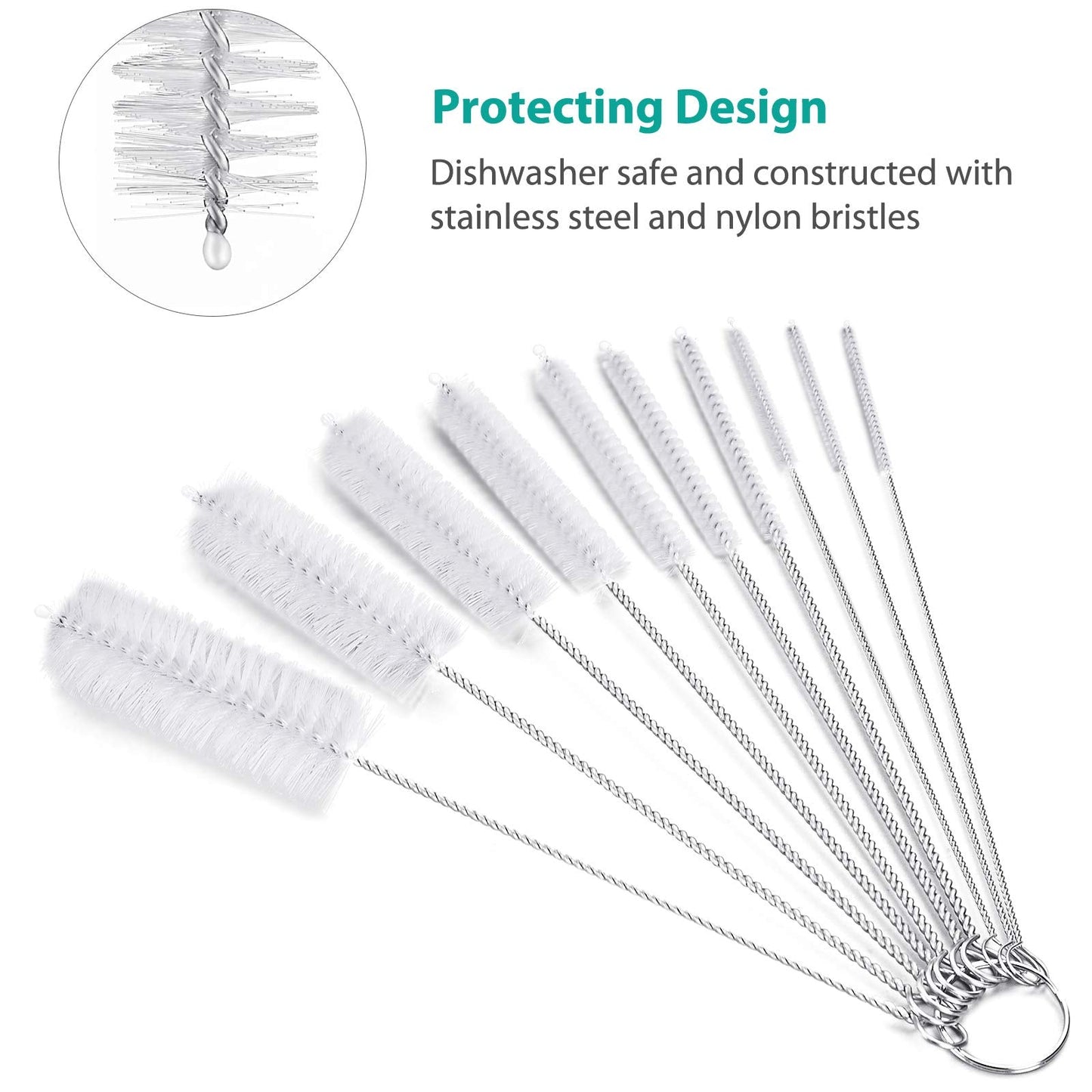 CiaraQ Bottle Cleaning Brushes, 8 Inch Nylon Tube Brush Set, Cleaner for Narrow Neck Bottles Cups with Hook, Set of 10pcs.