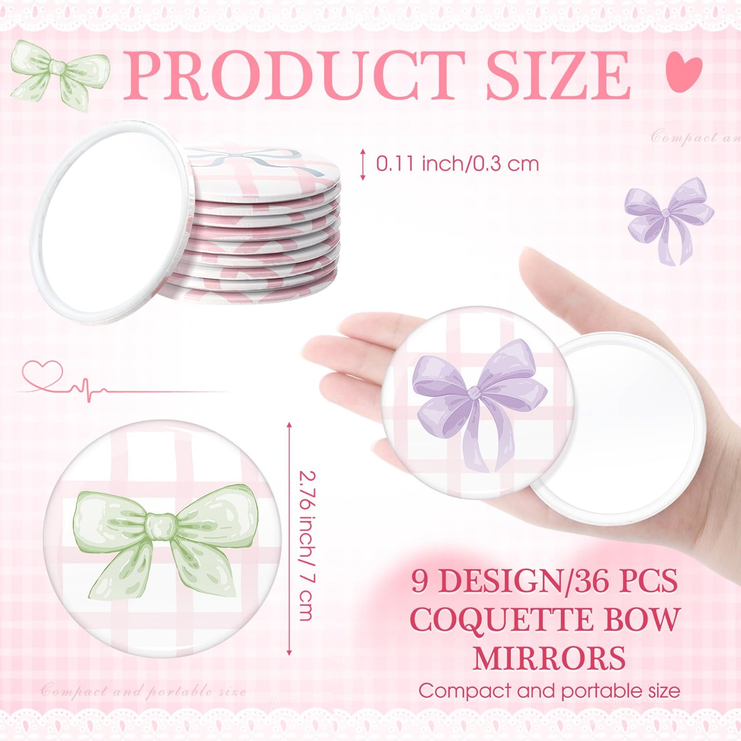 Cinnvoice 36 Pcs Coquette Aesthetic Compact Mirror Bulk Bow Travel Makeup Pocket Purse Mini Mirror for Women Wedding Bridal Show
