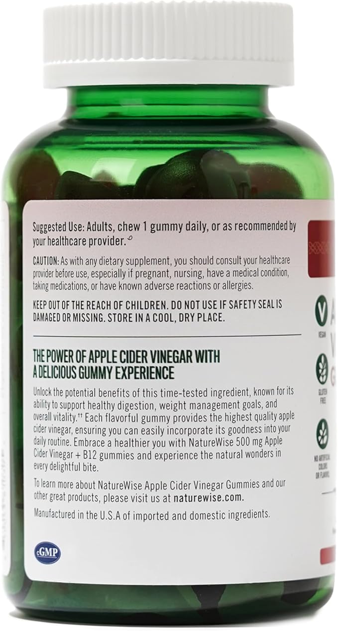 NatureWise Apple Cider Vinegar Gummies - 1000mg ACV per 2 + Vitamin B12 - Pectin Based Vegan, Gluten-Free, Non-GMO - 60 Count[30-Day Supply for 1000mg or 2-Month Supply for 500mg]