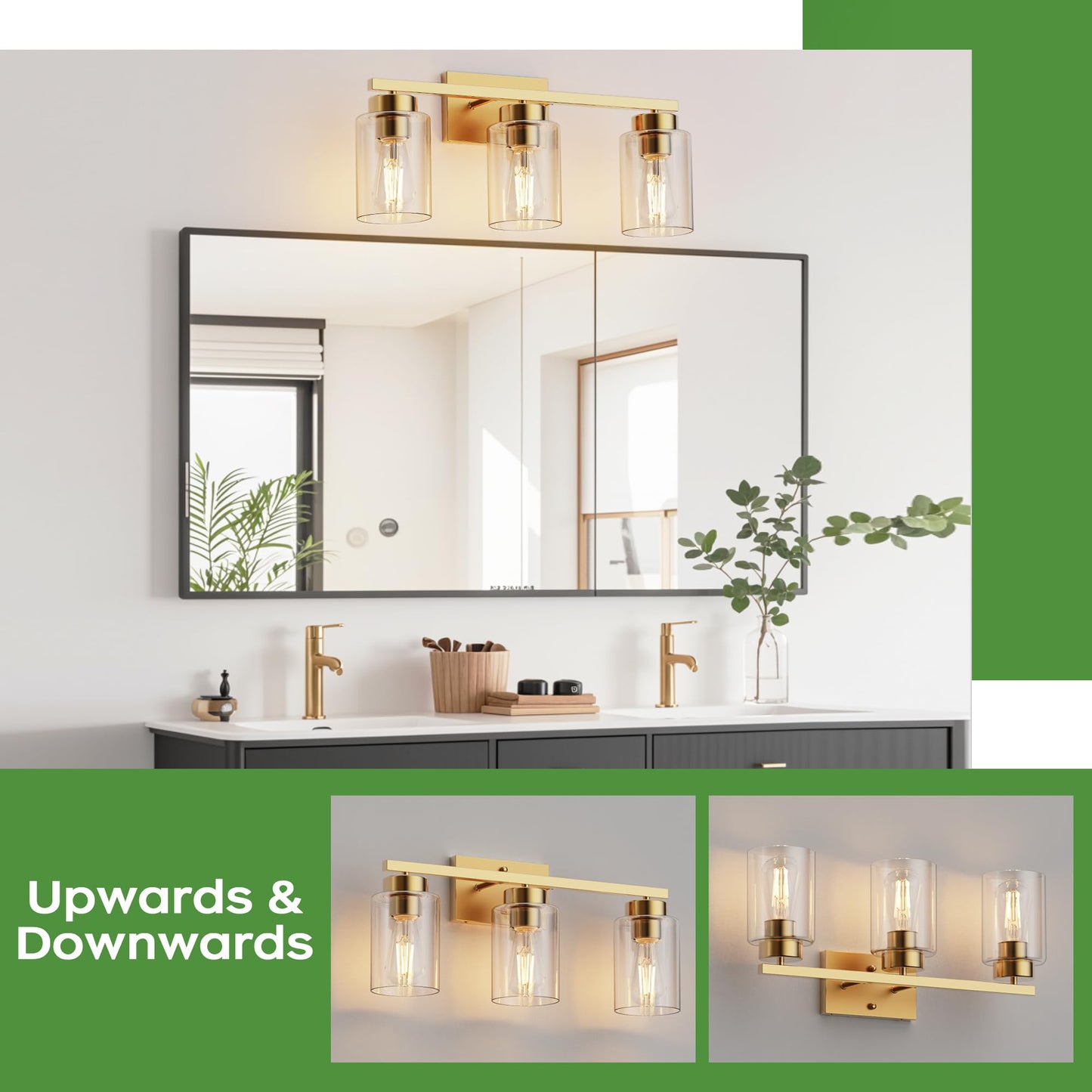 Partphoner 3-Light Bathroom Light Fixtures  Brushed Gold Vanity Light With Clear Glass Shade  Modern Wall Sconce For Mirror Bedroom Living Room Hallway Lighting