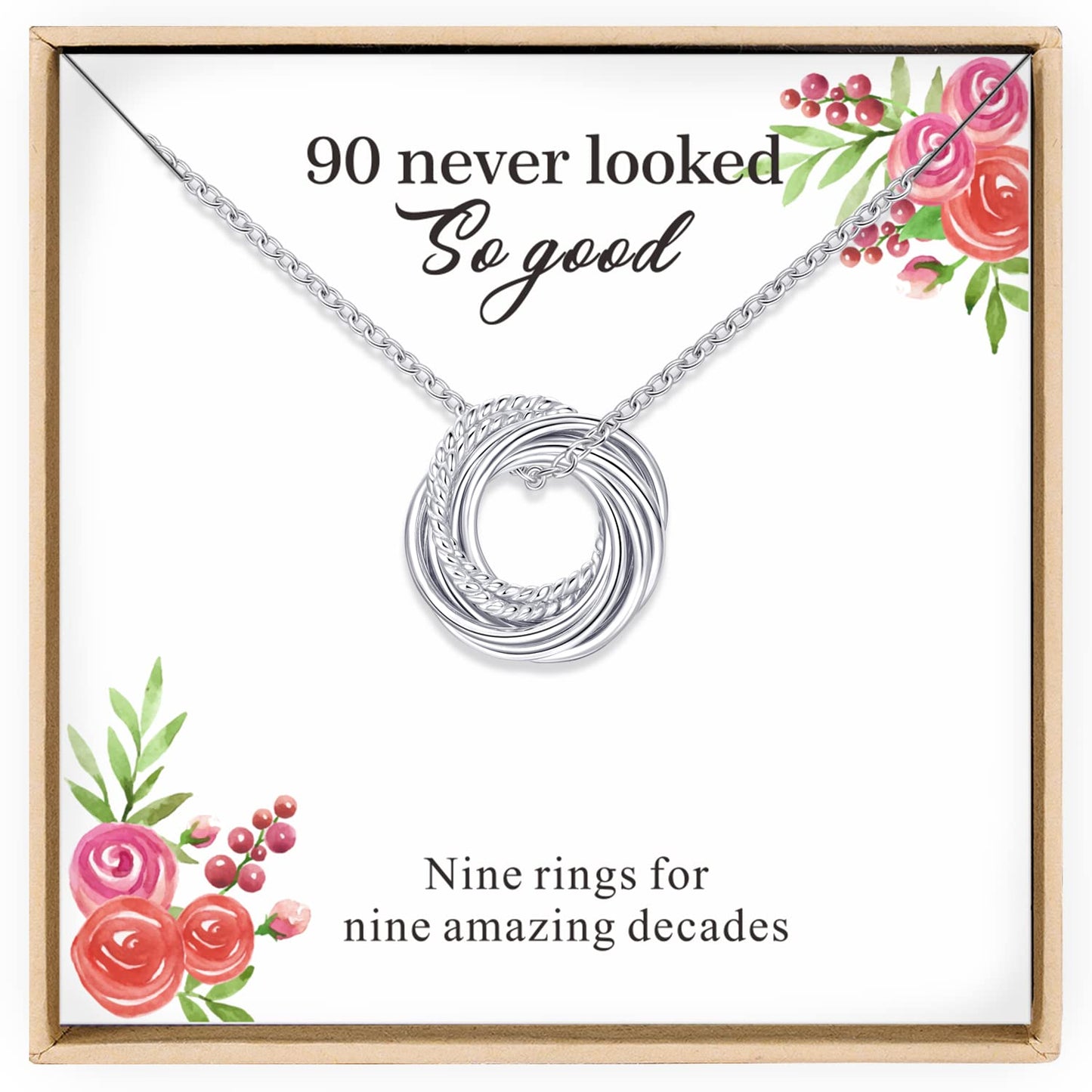 Annamate 90th Birthday Gifts for Women, 925 Sterling Silver Infinity 9 Circle Nine Decades Necklace, Mom Gifts, Mothers Day Jewe